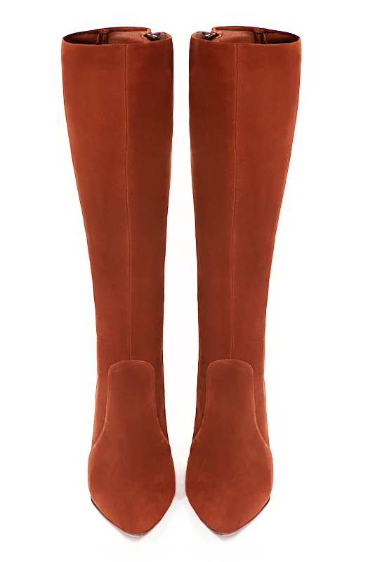 Terracotta orange women's feminine knee-high boots. Tapered toe. High slim heel. Made to measure. Top view - Florence KOOIJMAN